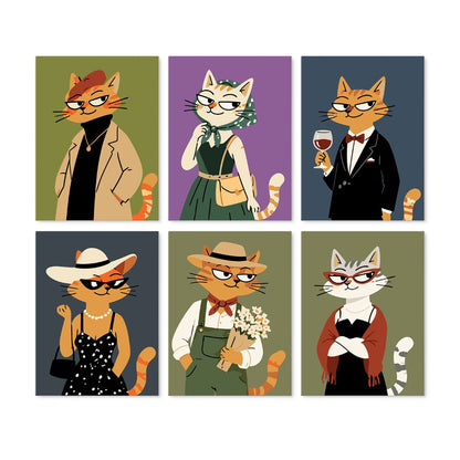 6 Houten Plaat Mini Paintings – Modieuze Katten Set