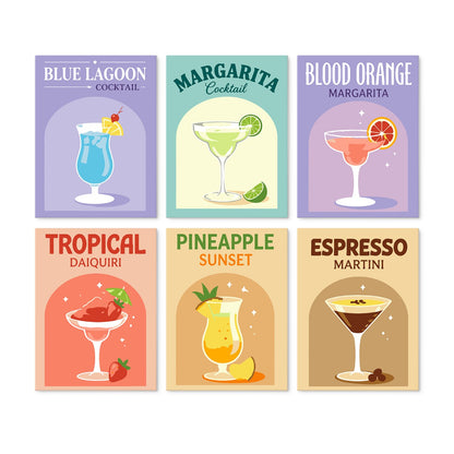 6 Houten Plaat Mini Paintings – Kleurrijke Cocktails Set