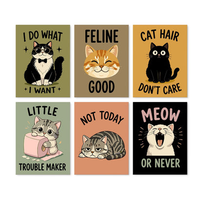 6 Houten Plaat Mini Paintings – Ondeugende Katten Set