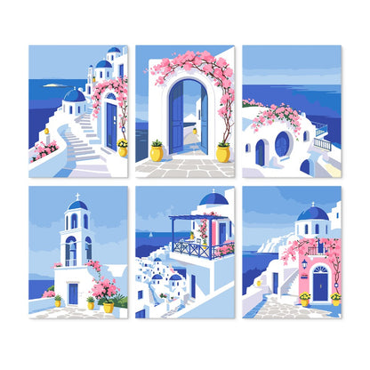 6 Houten Plaat Mini Paintings – Santorini Droom Set