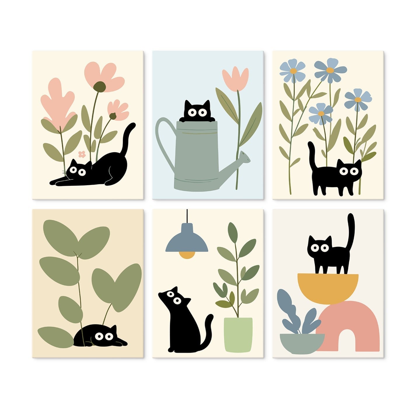 6 Houten Plaat Mini Paintings – Katten tussen Planten Set