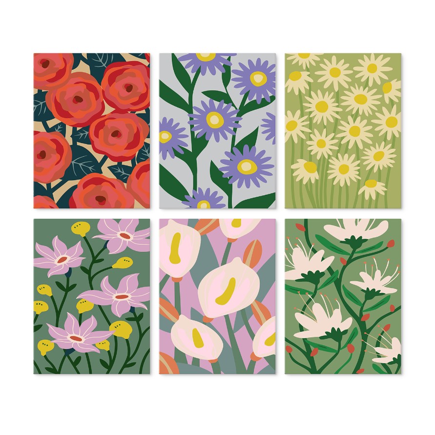 6 Houten Plaat Mini Paintings – Krachtige Bloemen Set