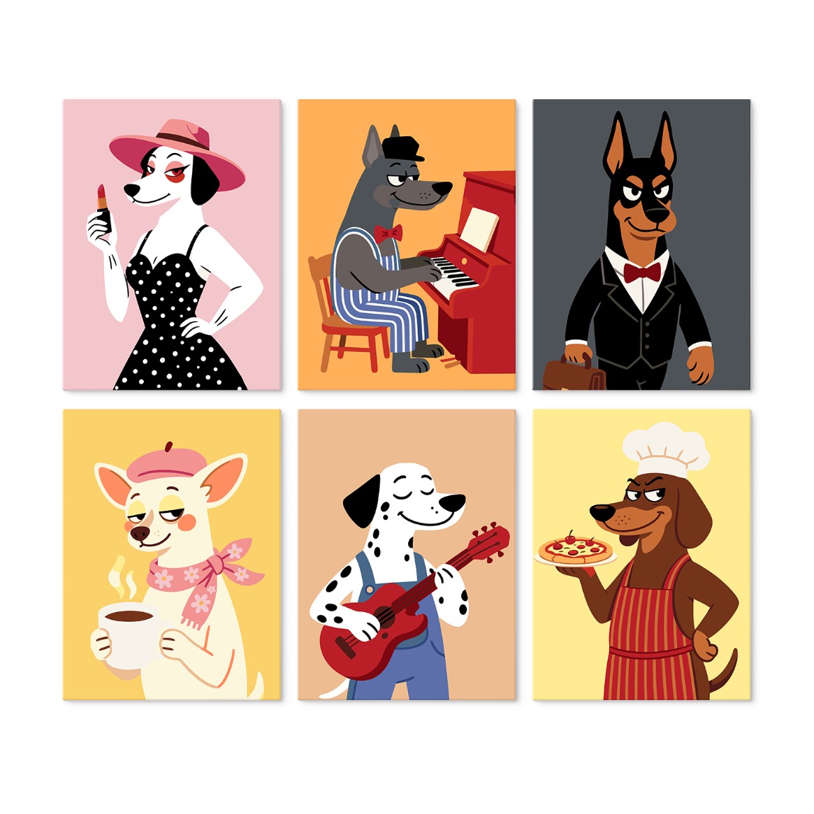 6 Houten Plaat Mini Paintings – Deftige Honden Set