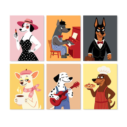 6 Houten Plaat Mini Paintings – Deftige Honden Set