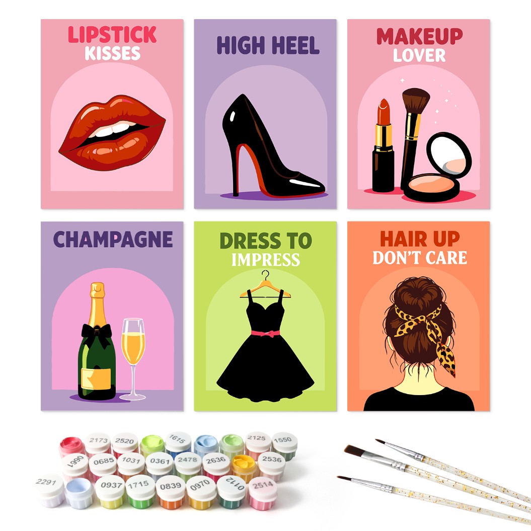 6 Houten Plaat Mini Paintings – Glamour Essentials Set - Schilder Op Nummers