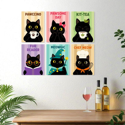 6 Houten Plaat Mini Paintings – Koffie & Snorharen Set