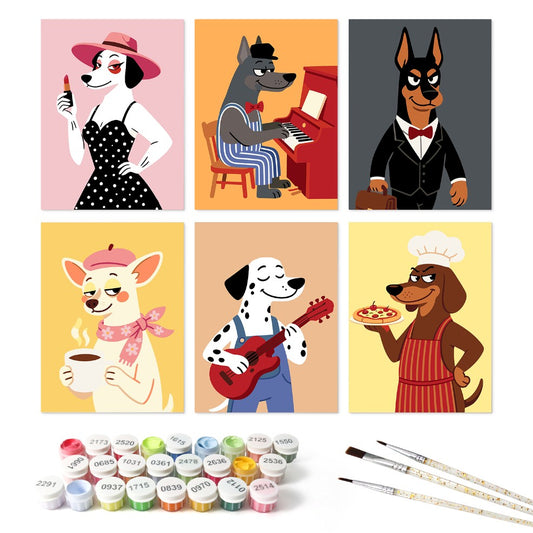 6 Houten Plaat Mini Paintings – Deftige Honden Set - Schilder Op Nummers
