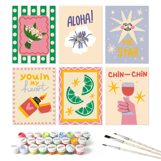 6 Houten Plaat Mini Paintings – Proosten en Wensen Set - Schilder Op Nummers