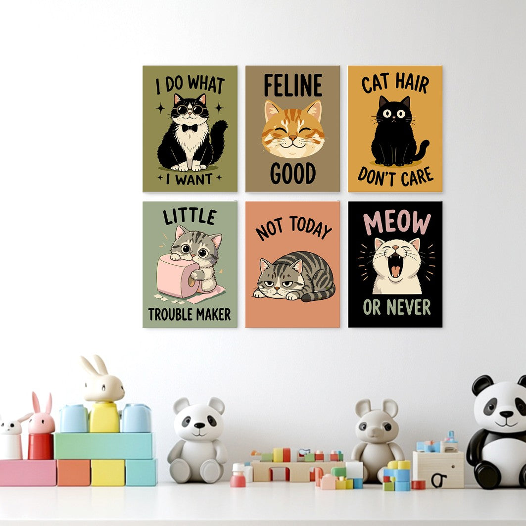 6 Houten Plaat Mini Paintings – Ondeugende Katten Set