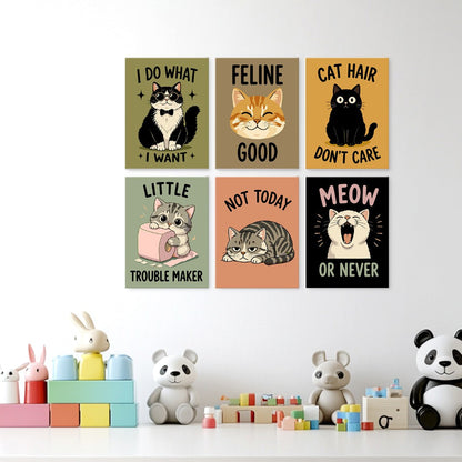 6 Houten Plaat Mini Paintings – Ondeugende Katten Set