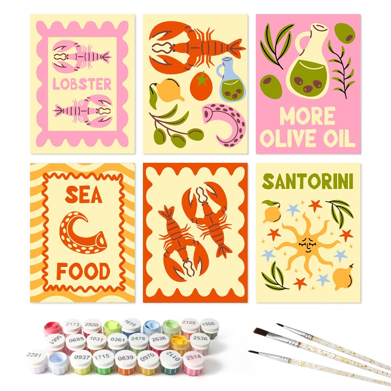 6 Houten Plaat Mini Paintings – Mediterrane Vangst Set - Schilder Op Nummers