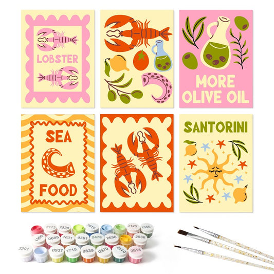 6 Houten Plaat Mini Paintings – Mediterrane Vangst Set - Schilder Op Nummers