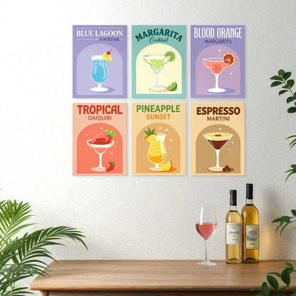 6 Houten Plaat Mini Paintings – Kleurrijke Cocktails Set