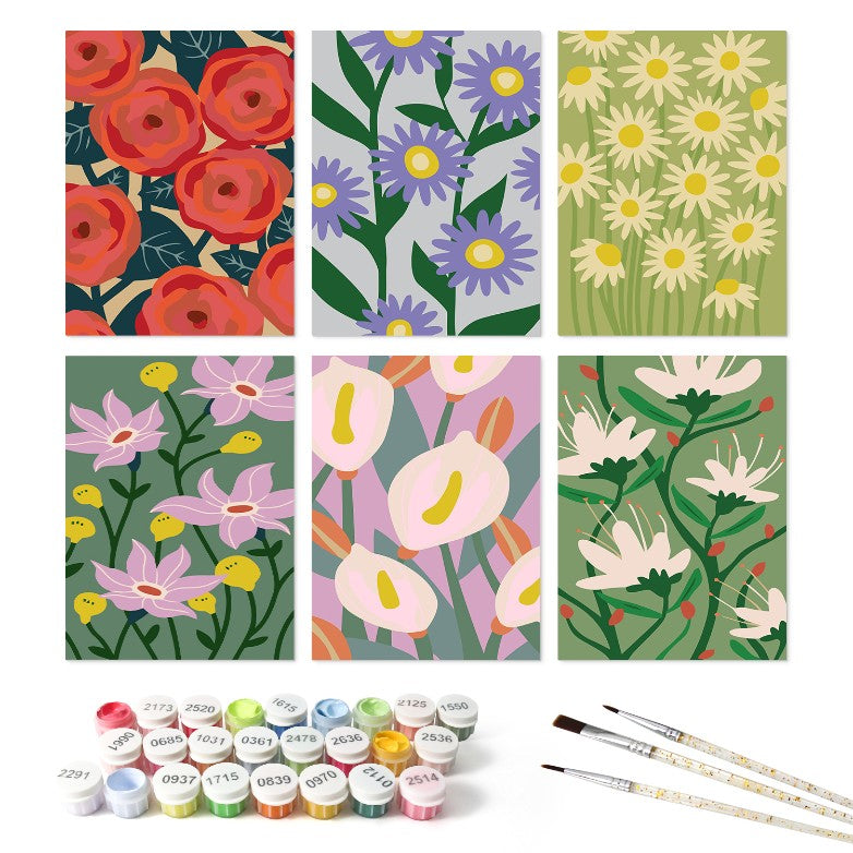 6 Houten Plaat Mini Paintings – Krachtige Bloemen Set - Schilder Op Nummers