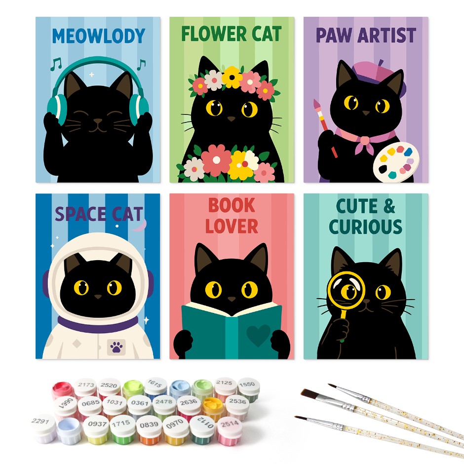 6 Houten Plaat Mini Paintings – Kat van Alle Markten Set - Schilder Op Nummers