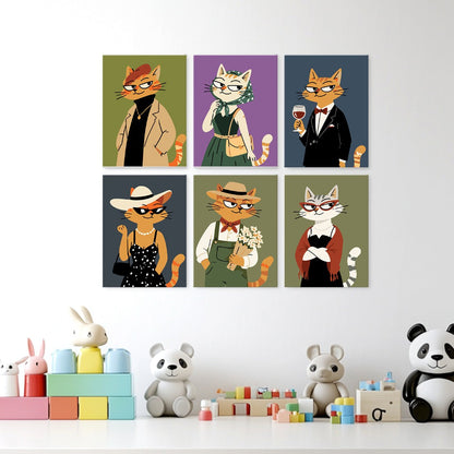 6 Houten Plaat Mini Paintings – Modieuze Katten Set