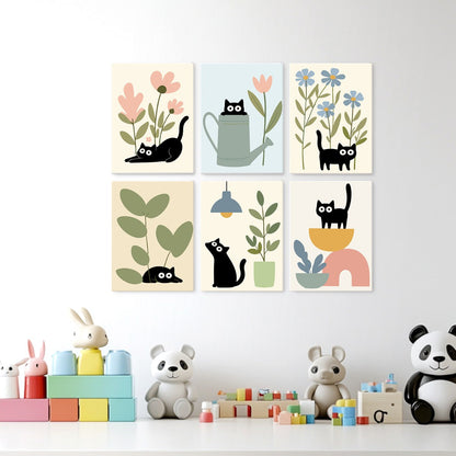 6 Houten Plaat Mini Paintings – Katten tussen Planten Set