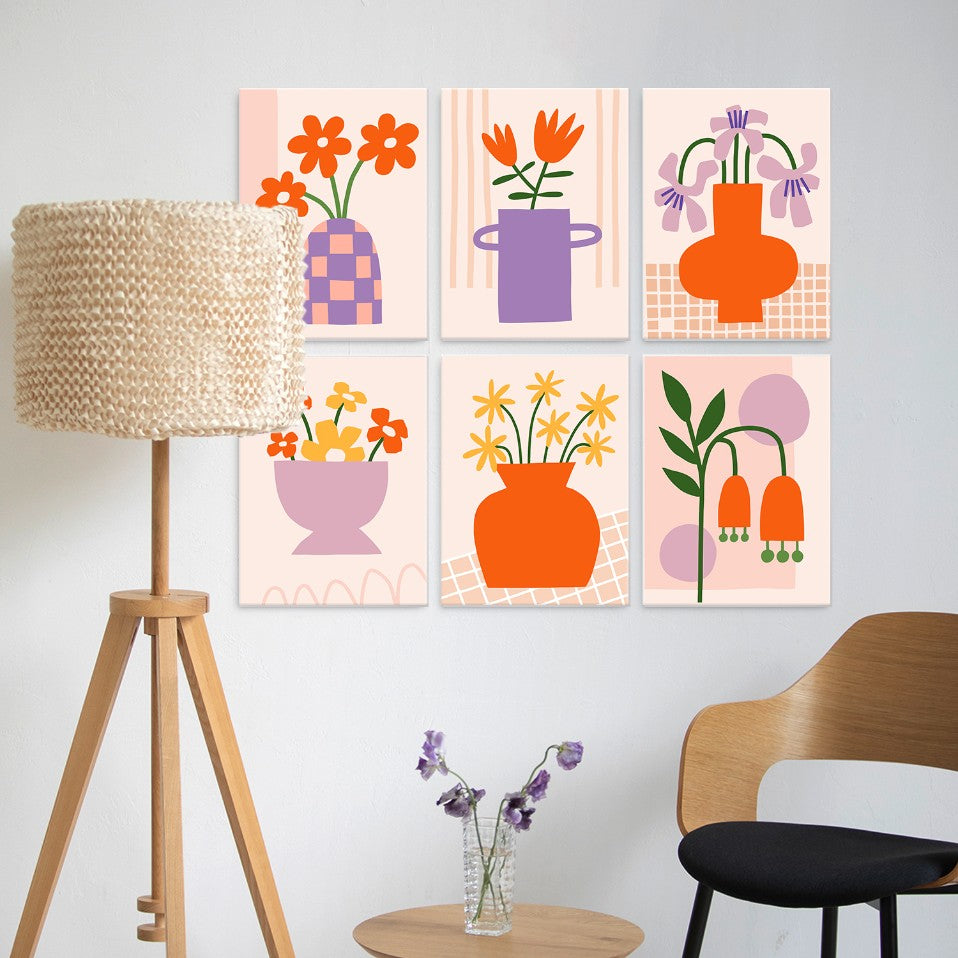 6 Houten Plaat Mini Paintings – Vaas vol Bloemen Set