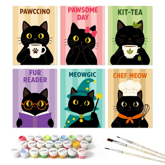 6 Houten Plaat Mini Paintings – Koffie & Snorharen Set - Schilder Op Nummers