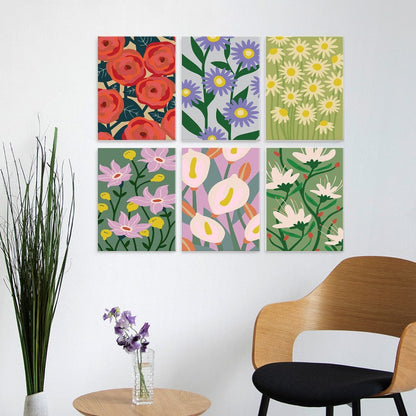 6 Houten Plaat Mini Paintings – Krachtige Bloemen Set