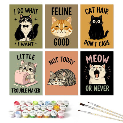 6 Houten Plaat Mini Paintings – Ondeugende Katten Set - Schilder Op Nummers