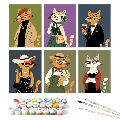 6 Houten Plaat Mini Paintings – Modieuze Katten Set - Schilder Op Nummers