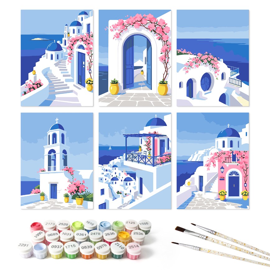 6 Houten Plaat Mini Paintings – Santorini Droom Set - Schilder Op Nummers