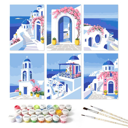 6 Houten Plaat Mini Paintings – Santorini Droom Set - Schilder Op Nummers