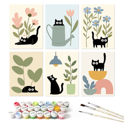 6 Houten Plaat Mini Paintings – Katten tussen Planten Set - Schilder Op Nummers