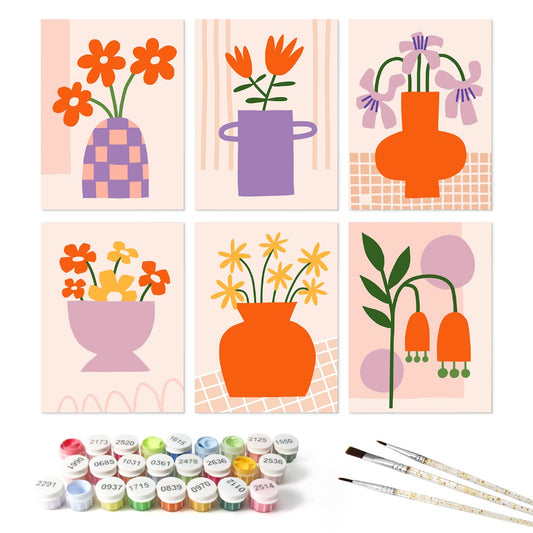 6 Houten Plaat Mini Paintings – Vaas vol Bloemen Set - Schilder Op Nummers