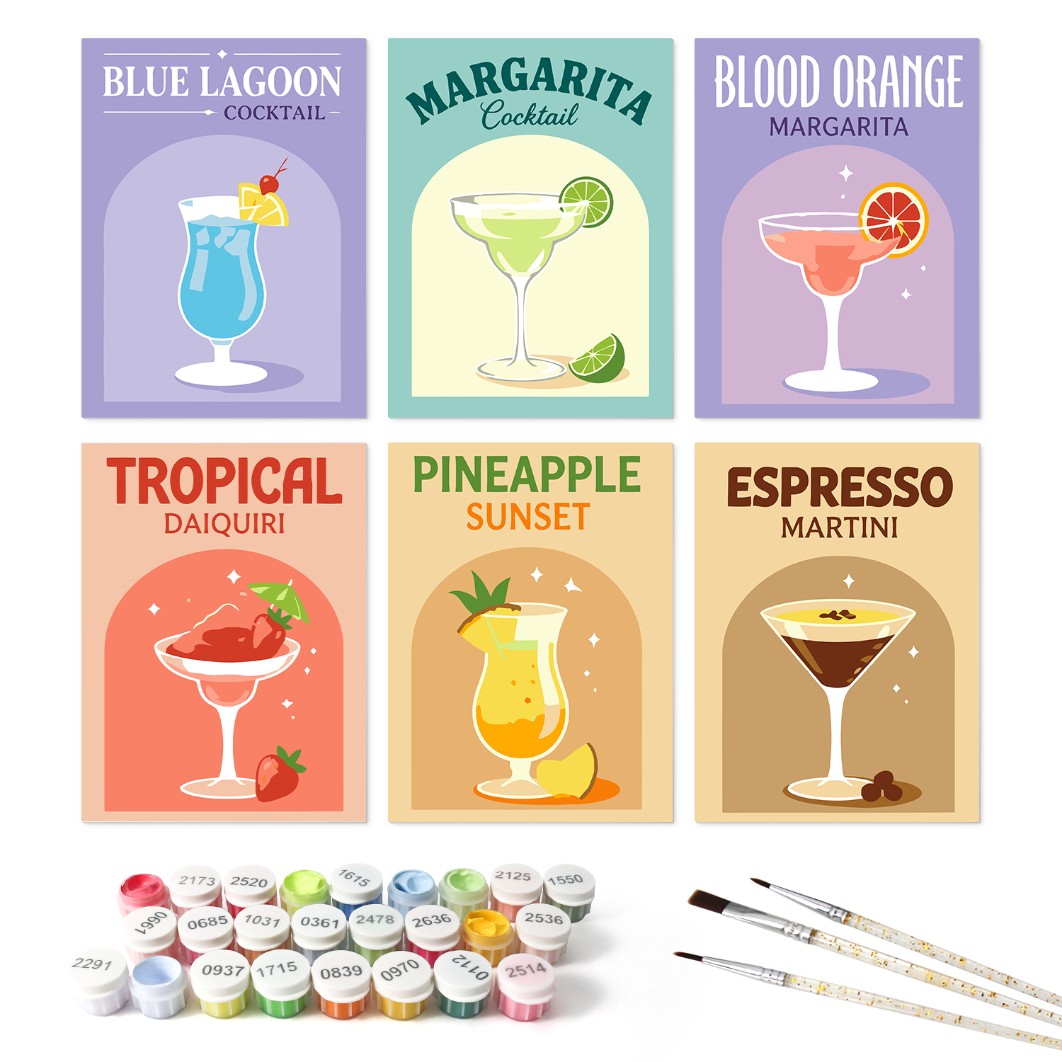 6 Houten Plaat Mini Paintings – Kleurrijke Cocktails Set - Schilder Op Nummers