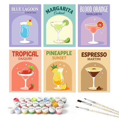 6 Houten Plaat Mini Paintings – Kleurrijke Cocktails Set - Schilder Op Nummers