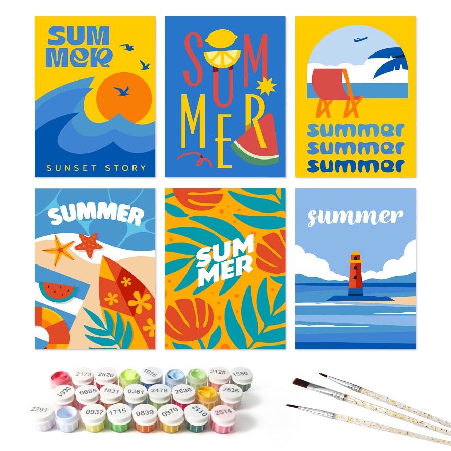 6 Houten Plaat Mini Paintings – Zomerse Zonsondergang Set - Schilder Op Nummers