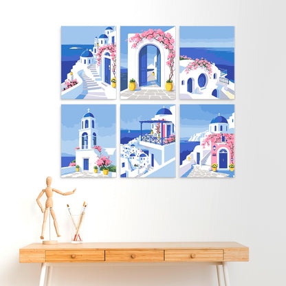 6 Houten Plaat Mini Paintings – Santorini Droom Set