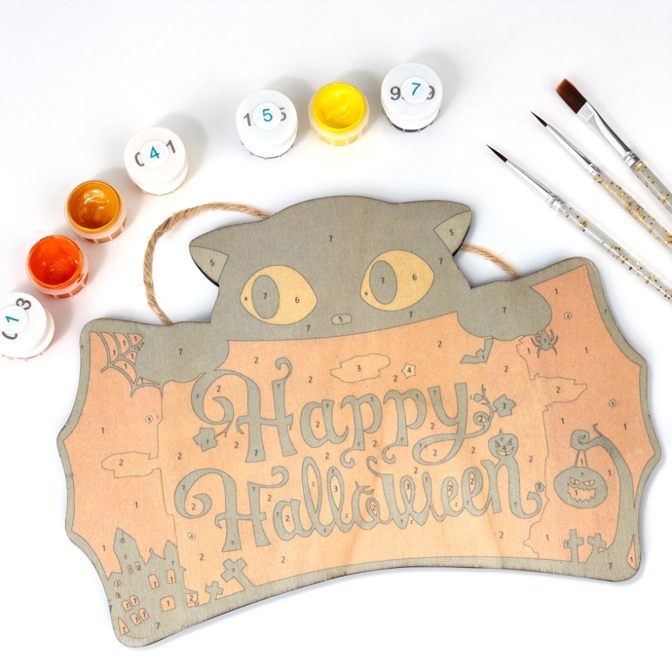 Halloween Kat – Schilder op Nummer Houten Hanger