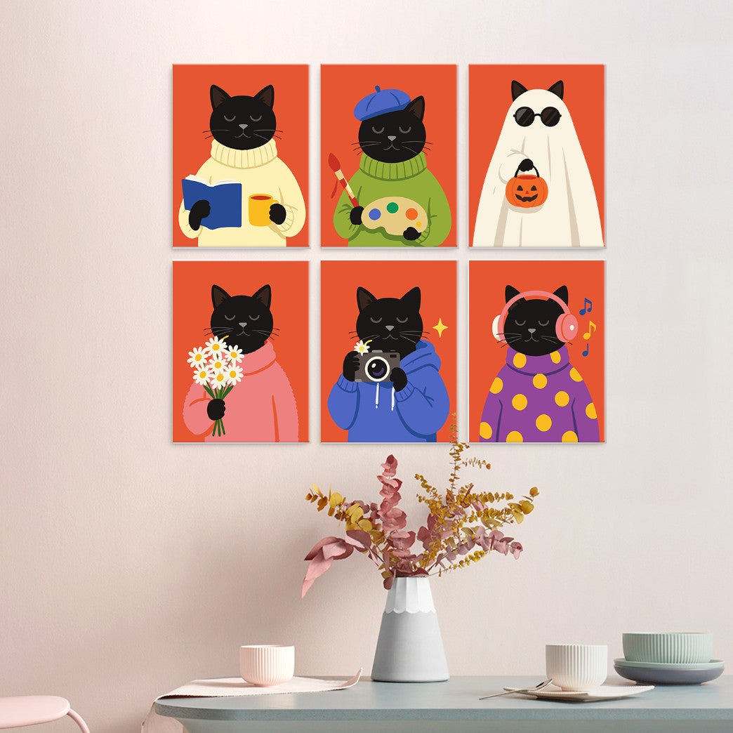 6 Houten Plaat Mini Paintings – Gezellig Kattenseizoen Set