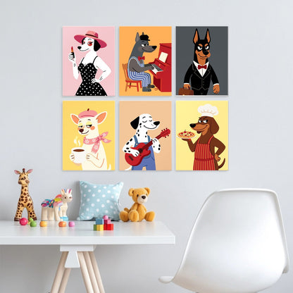 6 Houten Plaat Mini Paintings – Deftige Honden Set