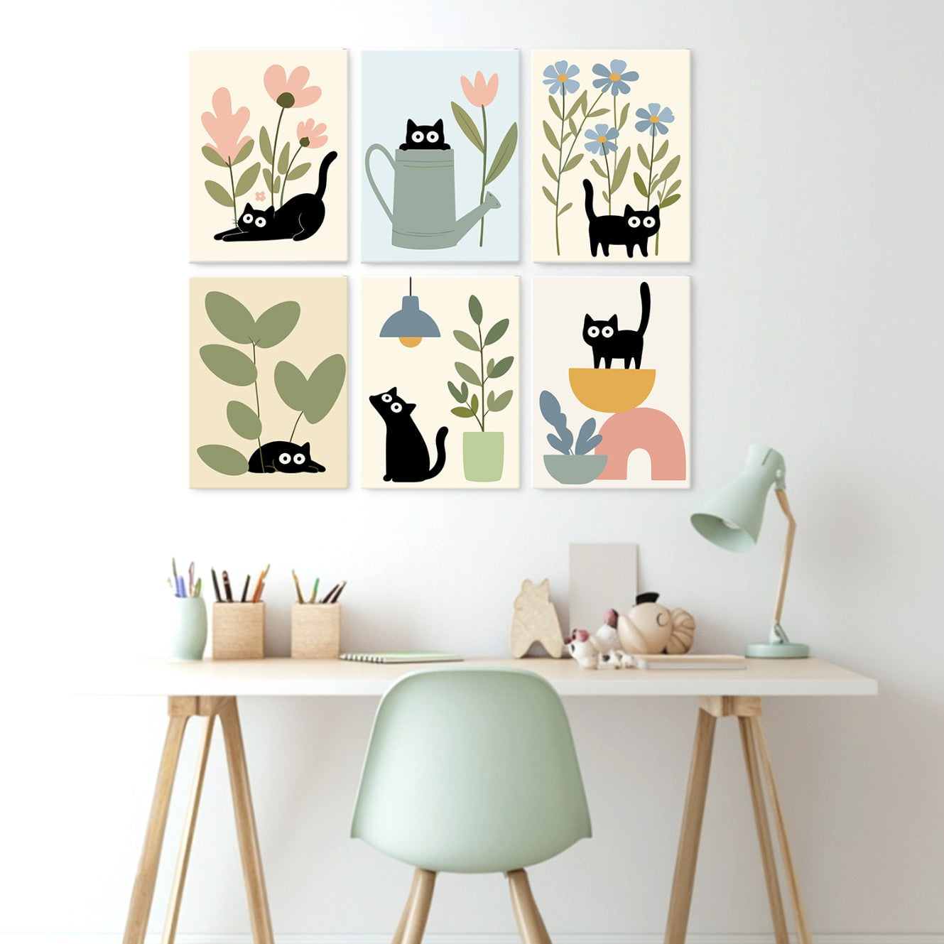 6 Houten Plaat Mini Paintings – Katten tussen Planten Set