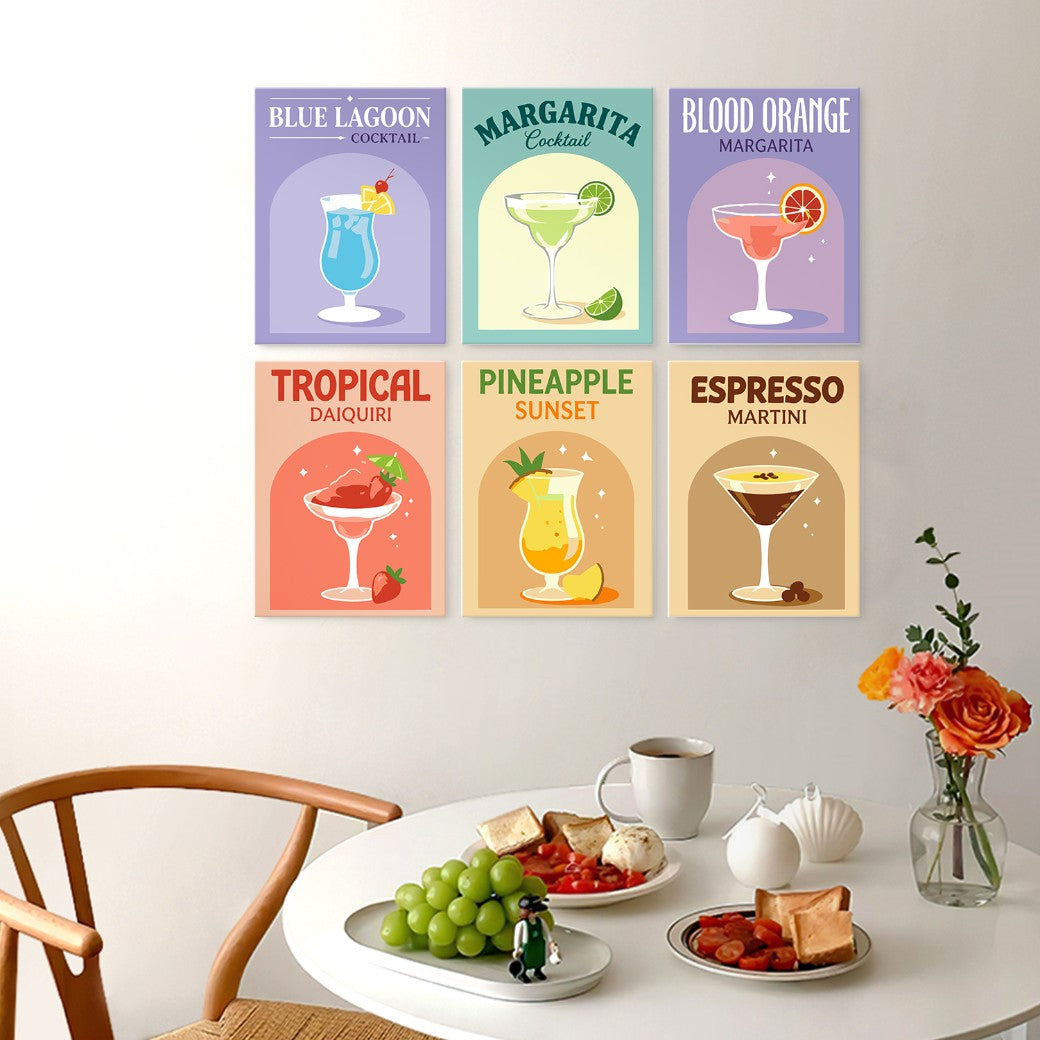 6 Houten Plaat Mini Paintings – Kleurrijke Cocktails Set
