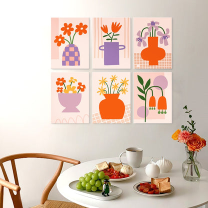 6 Houten Plaat Mini Paintings – Vaas vol Bloemen Set