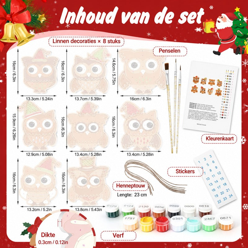 8 XL Schilder op Nummer Kersthangers - Feestelijke Kerstuilen Set