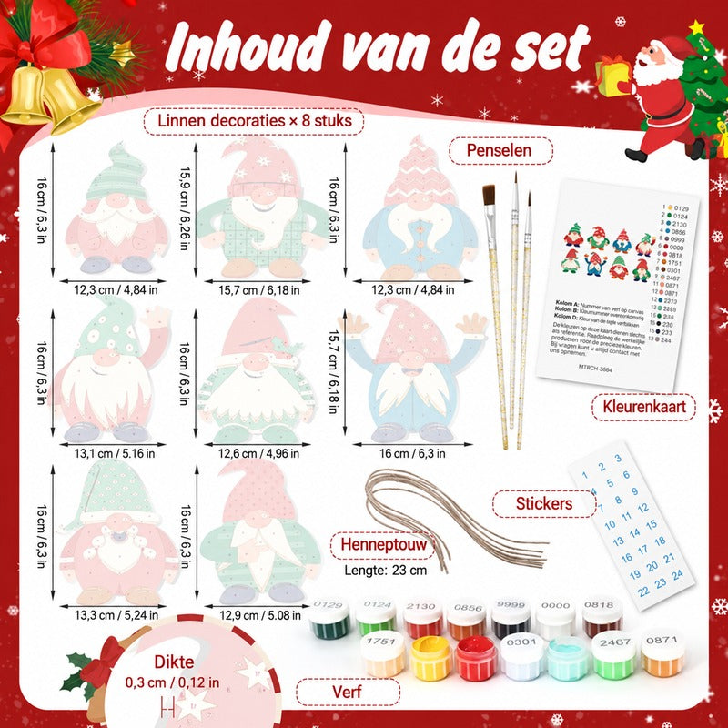 8 XL Schilder op Nummer Kersthangers - Vrolijke Kerstkabouter Set