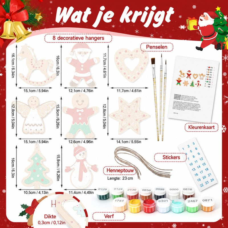 8 XL Schilder op Nummer Kersthangers - Peperkoek Kerst Set