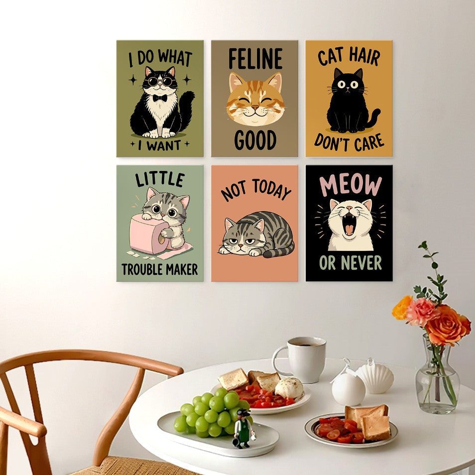 6 Houten Plaat Mini Paintings – Ondeugende Katten Set