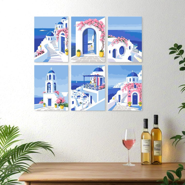 6 Houten Plaat Mini Paintings – Santorini Droom Set