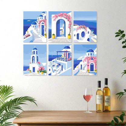 6 Houten Plaat Mini Paintings – Santorini Droom Set