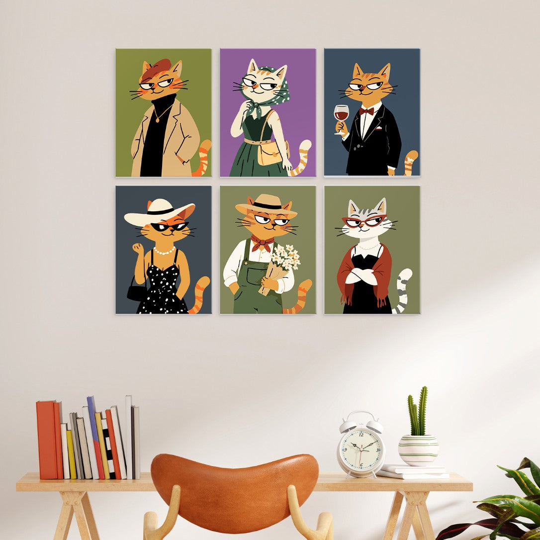 6 Houten Plaat Mini Paintings – Modieuze Katten Set