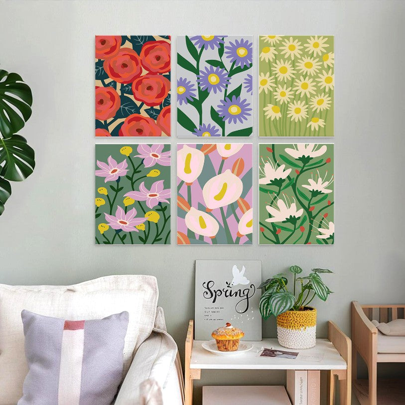 6 Houten Plaat Mini Paintings – Krachtige Bloemen Set