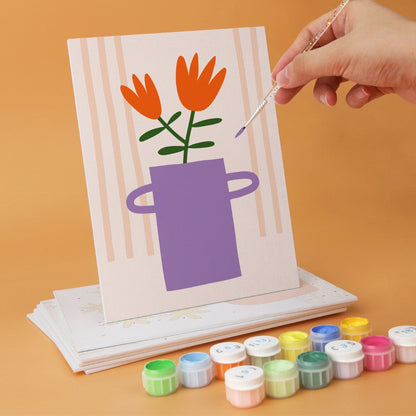 6 Houten Plaat Mini Paintings – Vaas vol Bloemen Set