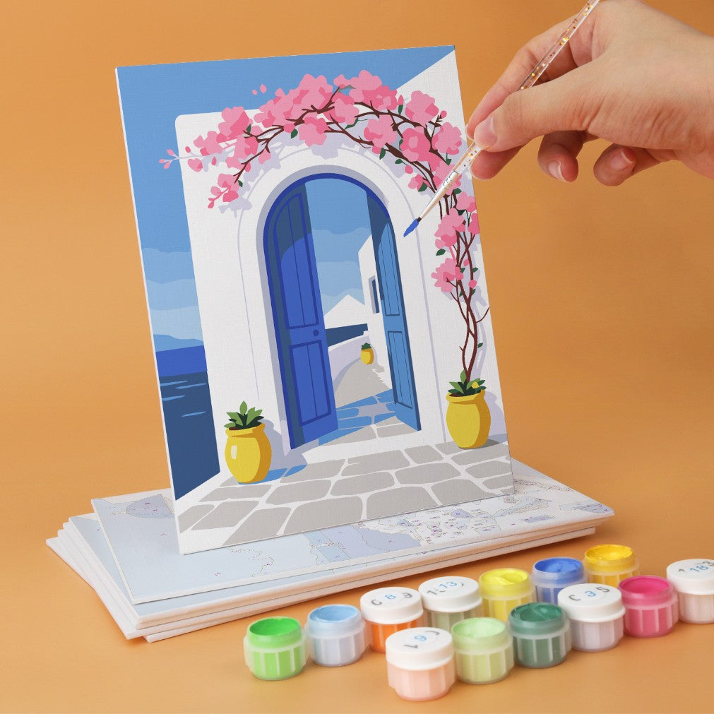 6 Houten Plaat Mini Paintings – Santorini Droom Set